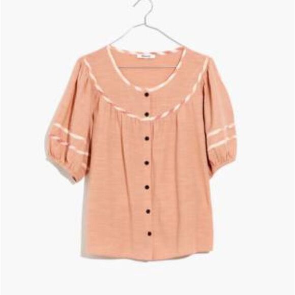 Madewell | Pink Gingham-Trim Curved-Yoke Faded Coral Short Sleeve Button Top | S - Picture 1 of 9